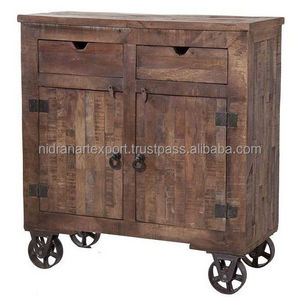 vintage & Industrial Living Room Furniture solid wood chest storage 2 door 2 drawer Cabinet with wheel