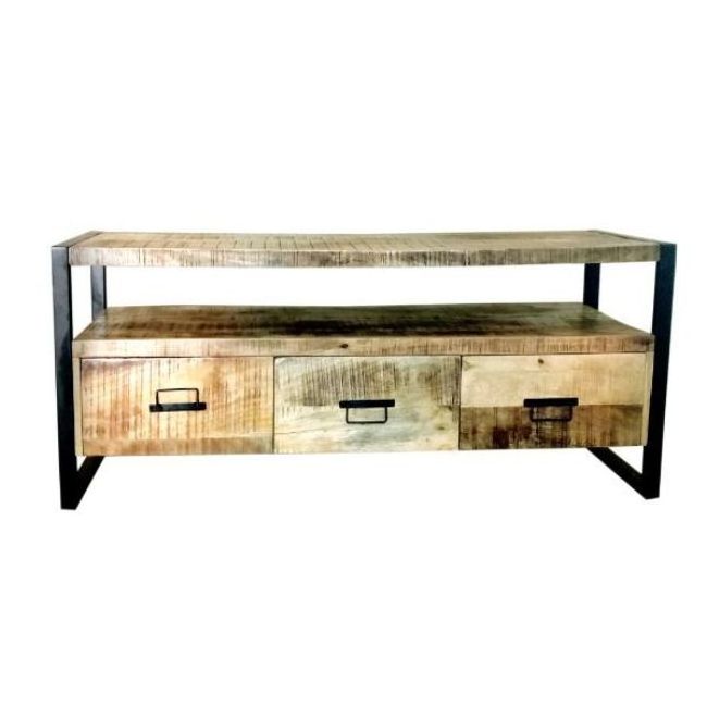 INDUSTRIAL & VINTAGE LIVING ROOM FURNITURE INDIAN IRON METAL & SOLID WOOD 3 DRAWER TV ENTERTAINMENT CABINET