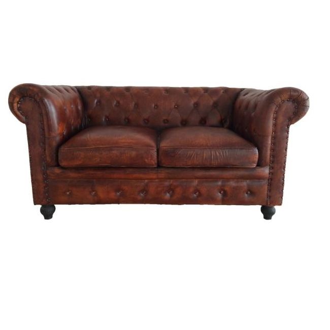 Industrial & vintage Solid wood & genuine leather Two seater Living room sofa