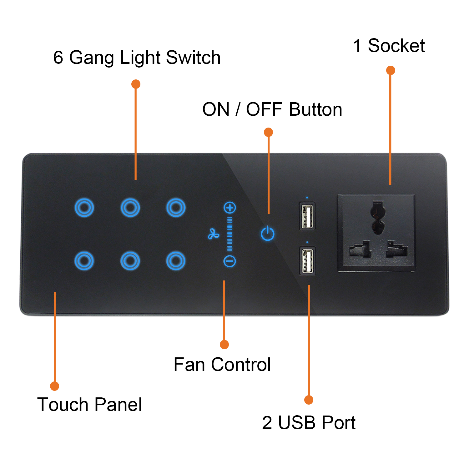 Tuya App 8 Gang OEM WiFi Led Light Switch Smart Home System Wall Panel Touch Switch With 2 USB Sockets Smart Touch Controller