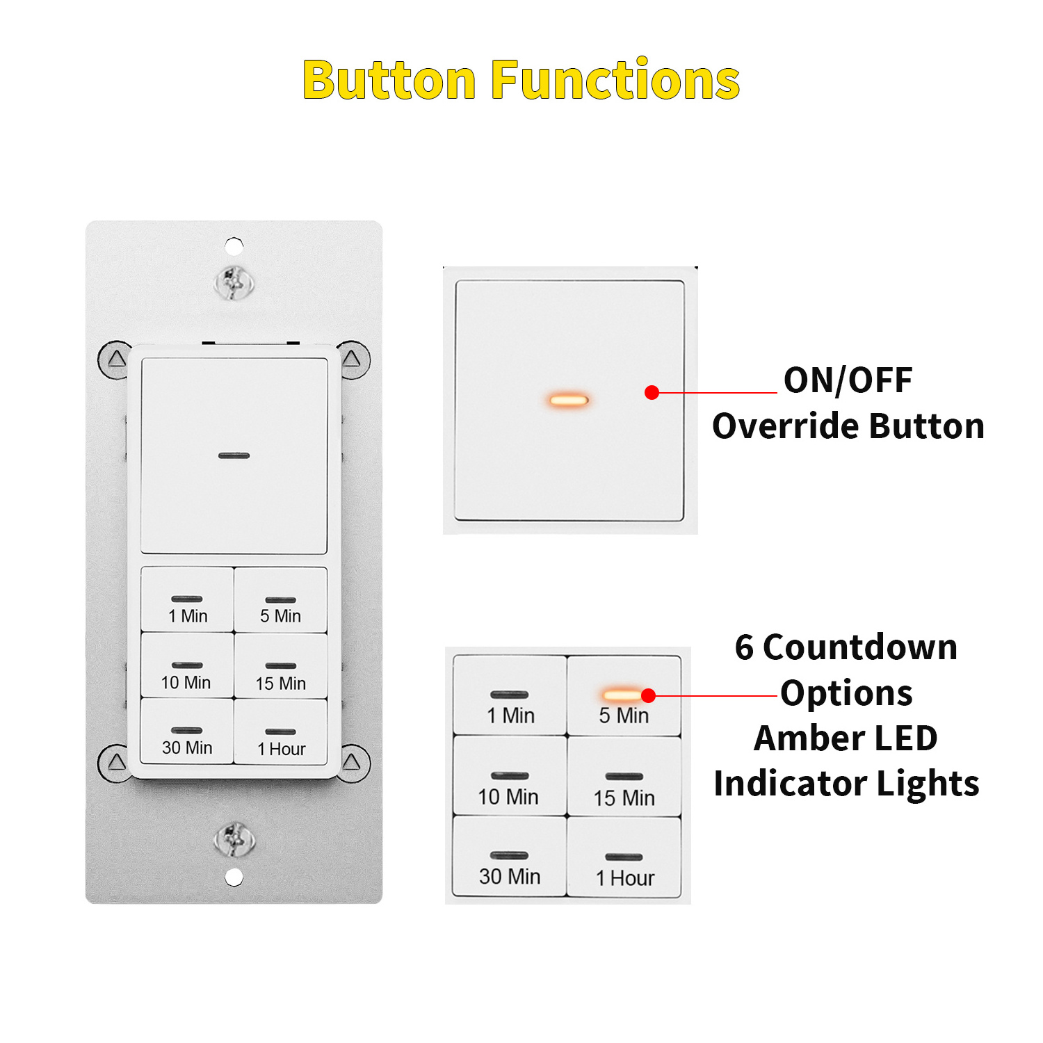 Countdown Timer Switch bathroom fans household lights Smart Switch Home Electrical Switches 1 Min  1 Hour In-Wall Timer