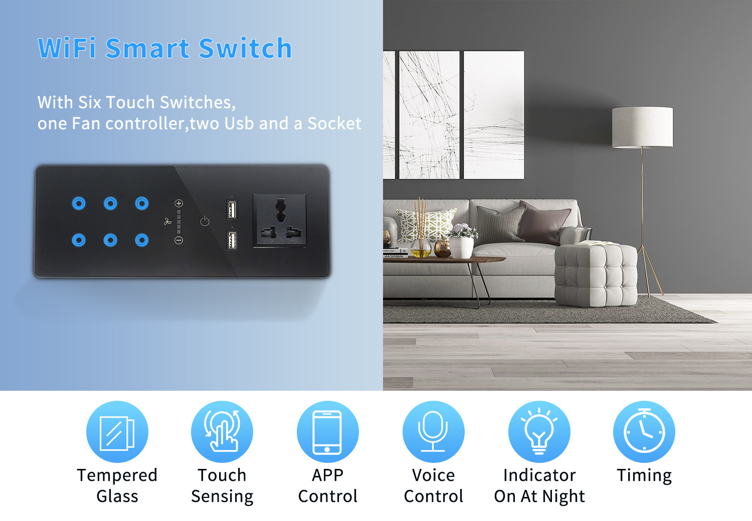 Wifi Smart Switch Board Socket Electrical Mirror 6gang Touch Switch with Fan Switch 2 USB Port 16A Socket