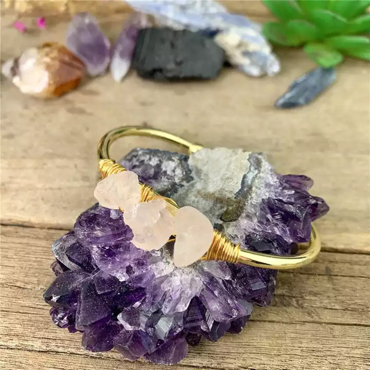 Wire Wrapped Natural Stone Gemstone Bangle Natural Quartz Amethyst Crystal Birthstone Cuff Bracelet Bangle Jewelry