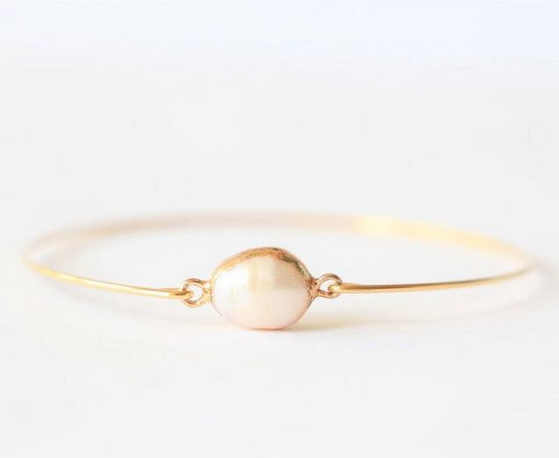 Genuine Natural Pearl Simple Gold Cuff Bracelet, Real Pearl Bangle