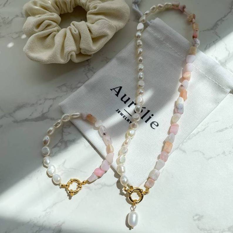 2023 Fashion Baroque Pearl Charm Necklace 14k Gold Plated Stainless Steel Pink Opal Bracelet and Necklace