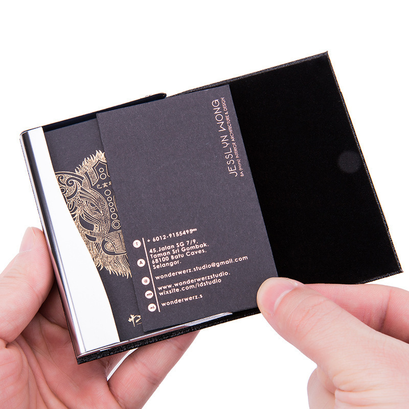 Luxury Custom PU Leather Name Card Case Stainless Steel Credit Card Wallet Business Card Holder for Women Men