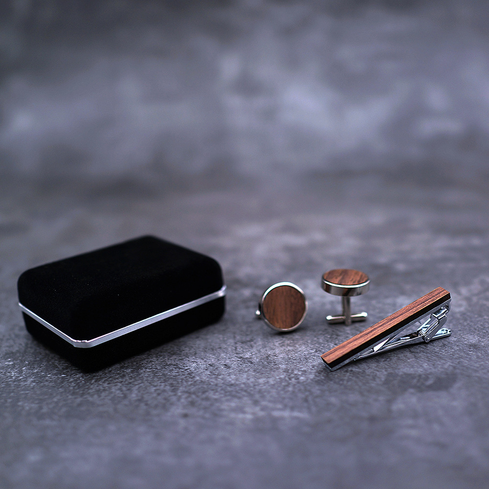 Tie Clip and Cufflink Sets Rustic Walnut Wooden Round Cuff Links With Organizer Box for Wedding Business Best Gift