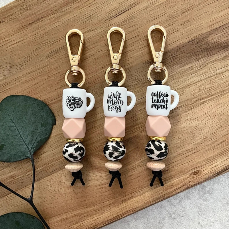 Cute Coffee Mug Inspired Cup Silicone Beaded Keychain Mama Teacher Key Ring Holder For Car Bag Purse Charm Accessory