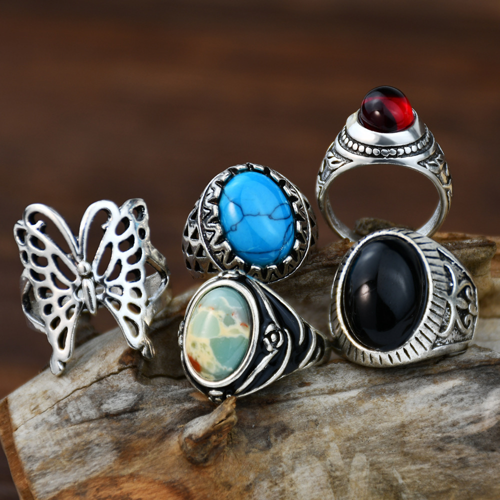 Vintage Boho Five-piece Jewelry set Resin Turquoise Rings set Medieval style Ring set