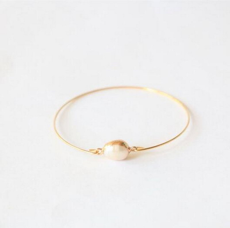 Genuine Natural Pearl Simple Gold Cuff Bracelet, Real Pearl Bangle