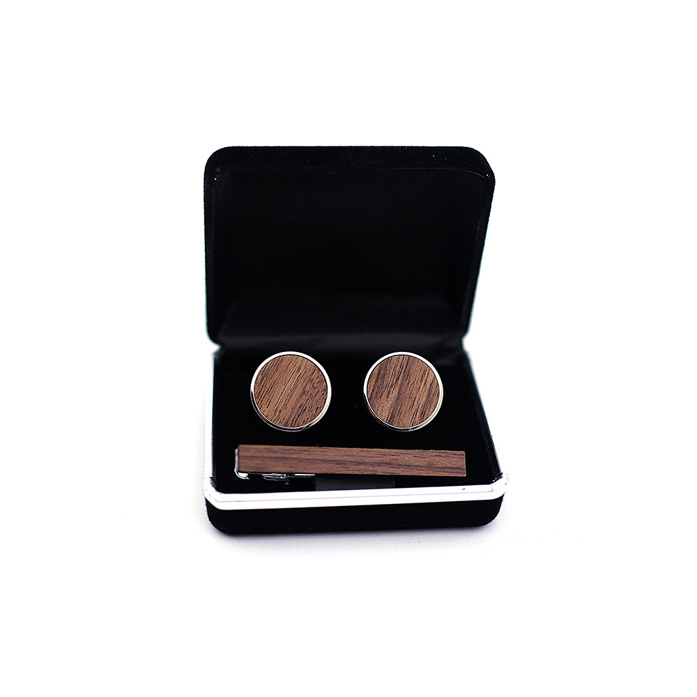 Tie Clip and Cufflink Sets Rustic Walnut Wooden Round Cuff Links With Organizer Box for Wedding Business Best Gift