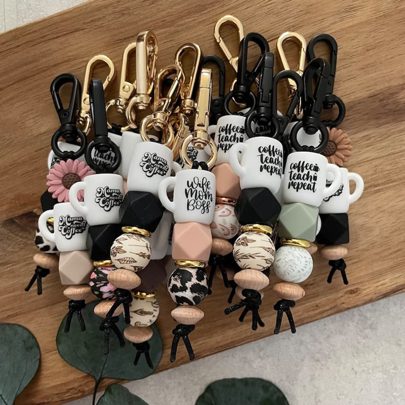 Cute Coffee Mug Inspired Cup Silicone Beaded Keychain Mama Teacher Key Ring Holder For Car Bag Purse Charm Accessory