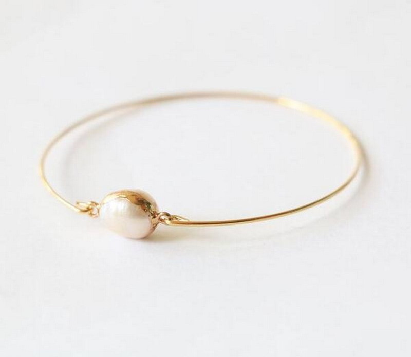 Genuine Natural Pearl Simple Gold Cuff Bracelet, Real Pearl Bangle