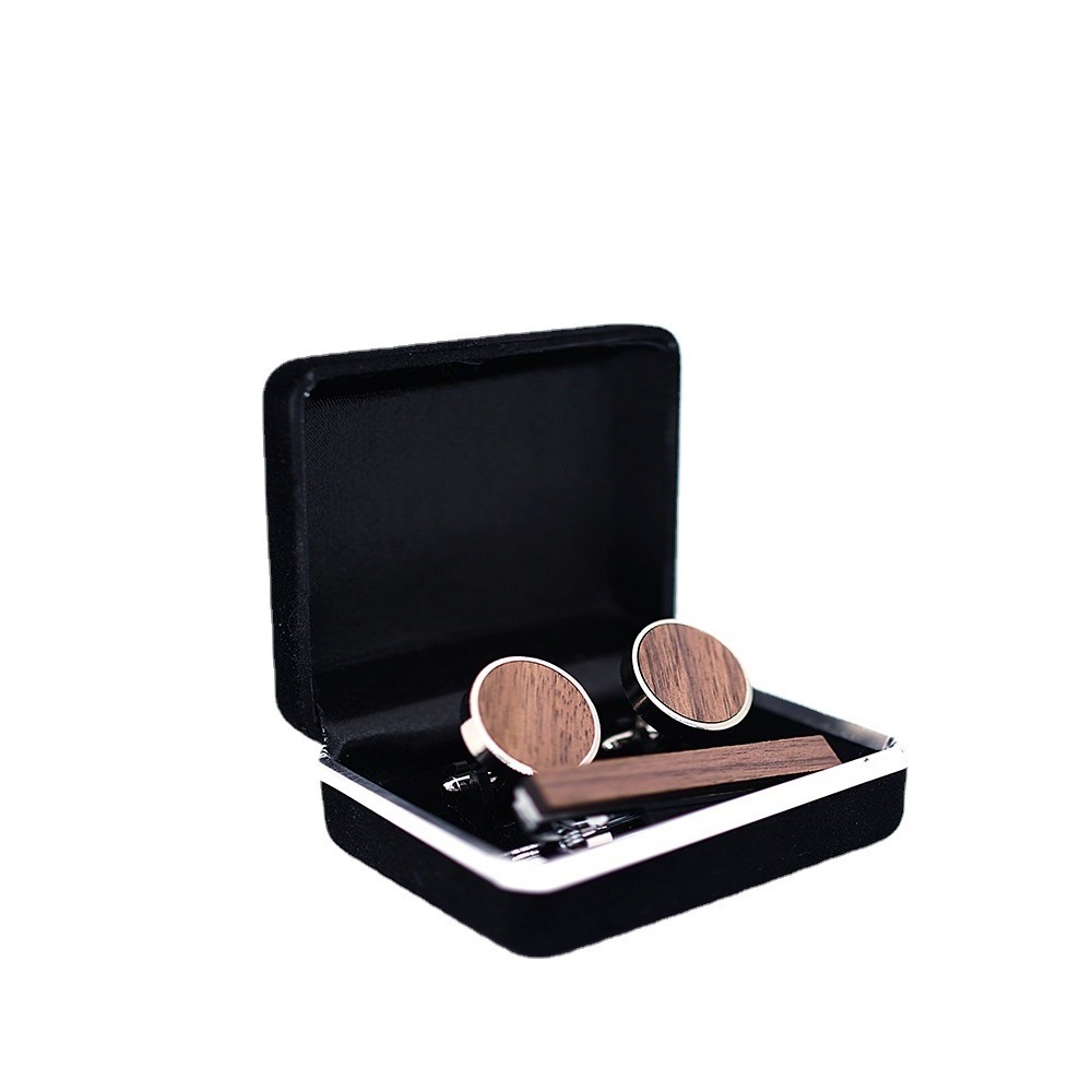 Tie Clip and Cufflink Sets Rustic Walnut Wooden Round Cuff Links With Organizer Box for Wedding Business Best Gift