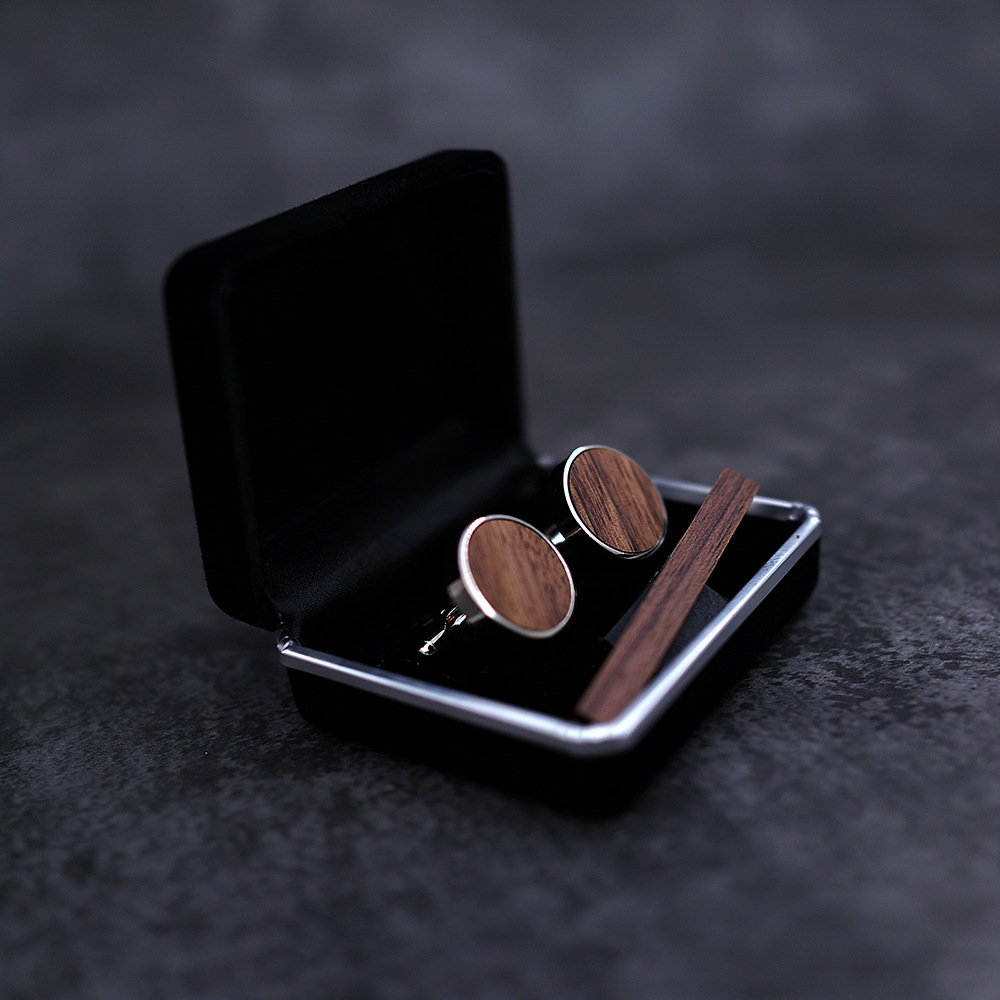 Tie Clip and Cufflink Sets Rustic Walnut Wooden Round Cuff Links With Organizer Box for Wedding Business Best Gift