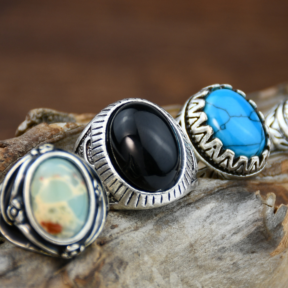 Vintage Boho Five-piece Jewelry set Resin Turquoise Rings set Medieval style Ring set