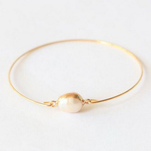 Genuine Natural Pearl Simple Gold Cuff Bracelet, Real Pearl Bangle