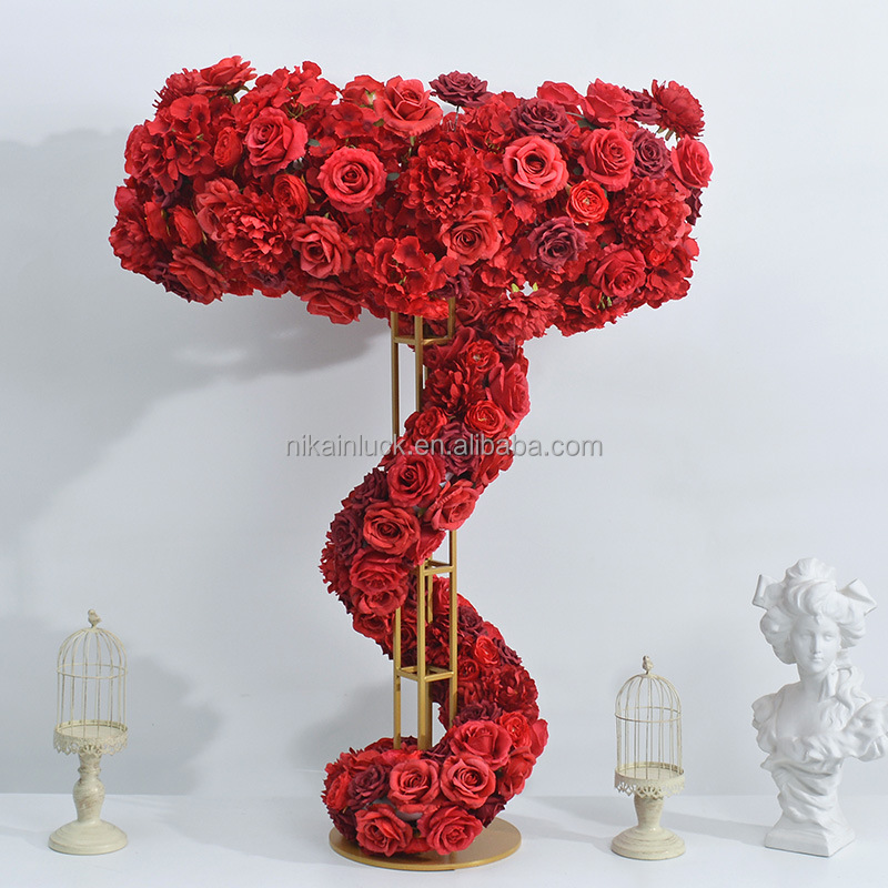 120cm Tall Gold Metal Flower Stand with Red Rose Flower Arrangement decoration centerpieces for Wedding