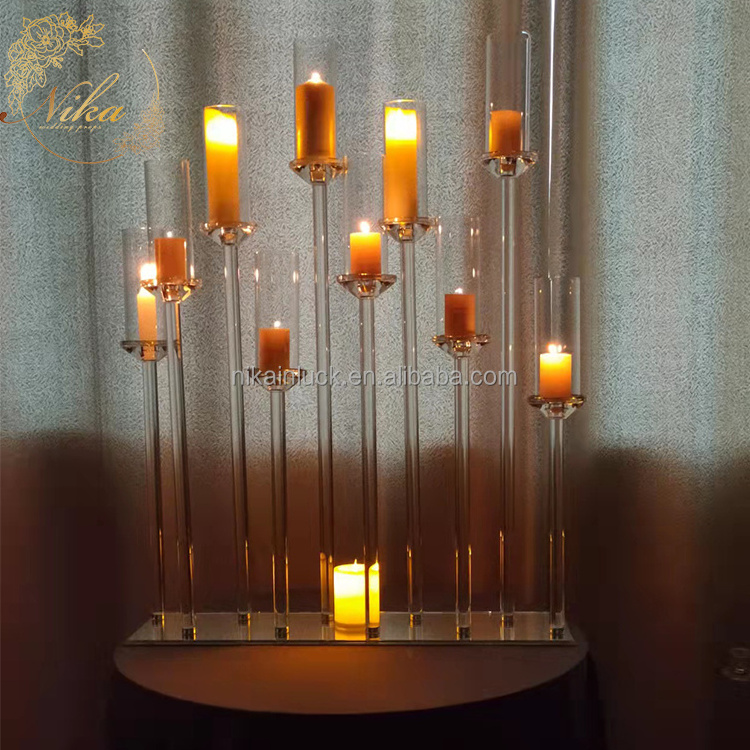 Wedding Crystal Candlestick 7 Arms Transparent Candle Holder Square Reflective Mirror Candelabra Wedding Table Centerpiece