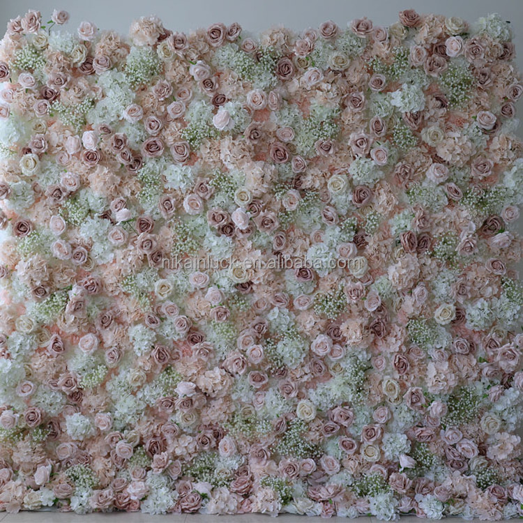 Popular Flower Decorative Artificial Flower Wall Backdrop Pink Rose White Hydrangea And Baby Breath Flower Wall Wedding Decor