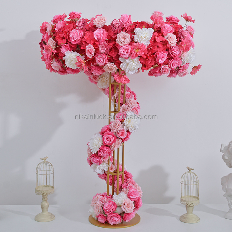 120cm Tall Gold Metal Flower Stand with Red Rose Flower Arrangement decoration centerpieces for Wedding