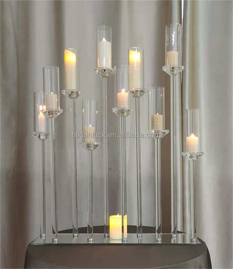 Wedding Crystal Candlestick 7 Arms Transparent Candle Holder Square Reflective Mirror Candelabra Wedding Table Centerpiece