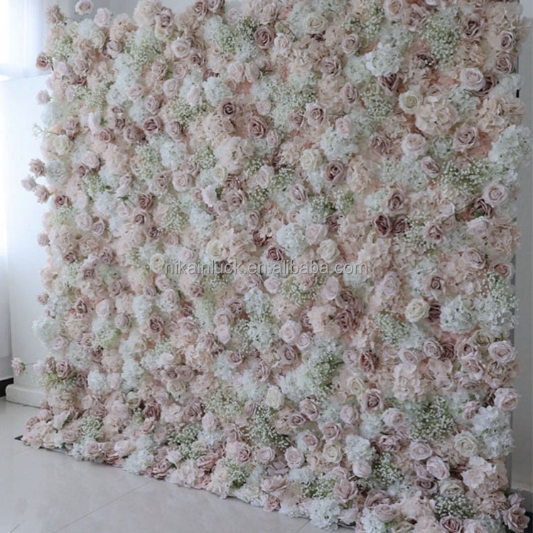 Popular Flower Decorative Artificial Flower Wall Backdrop Pink Rose White Hydrangea And Baby Breath Flower Wall Wedding Decor