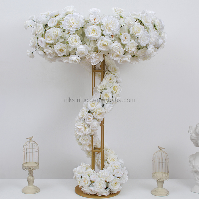 120cm Tall Gold Metal Flower Stand with Red Rose Flower Arrangement decoration centerpieces for Wedding