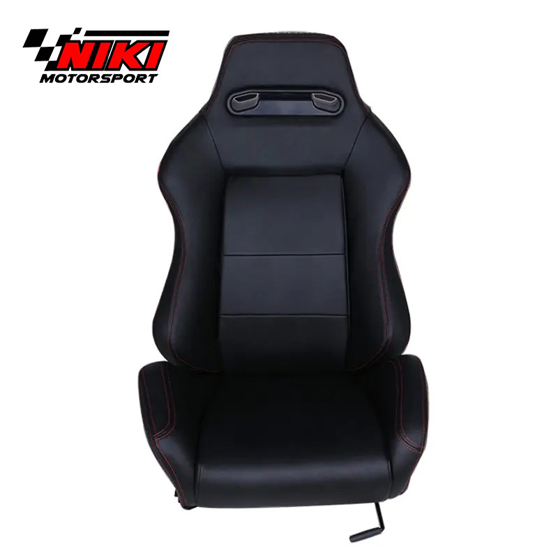 Universal Type-R Car Seat Racing Bucket Black PU Leather Red Stitching Fully Reclinable Racing Seat