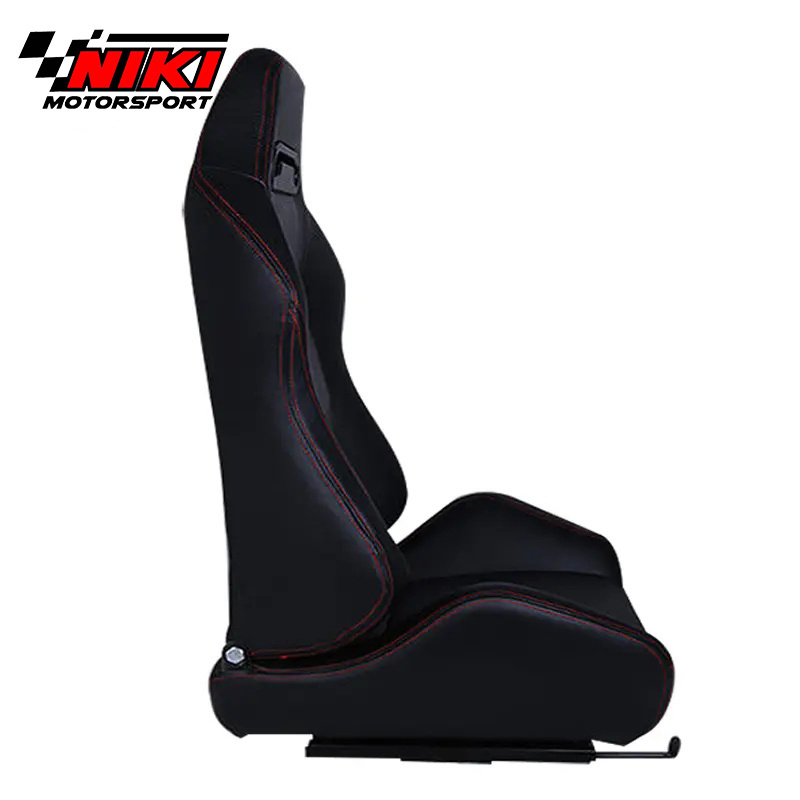 Universal Type-R Car Seat Racing Bucket Black PU Leather Red Stitching Fully Reclinable Racing Seat