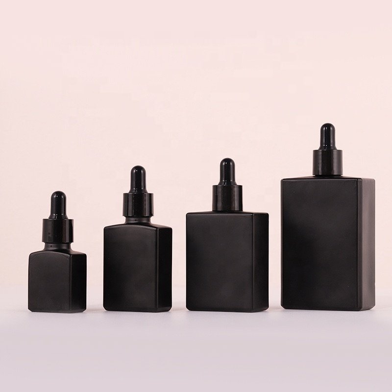 Unique Design Empty 30ml 1oz 50ml 100ml French Square Matt Black Glass Essential Oil Dropper Bottle With Serum Pipette (GSA28)