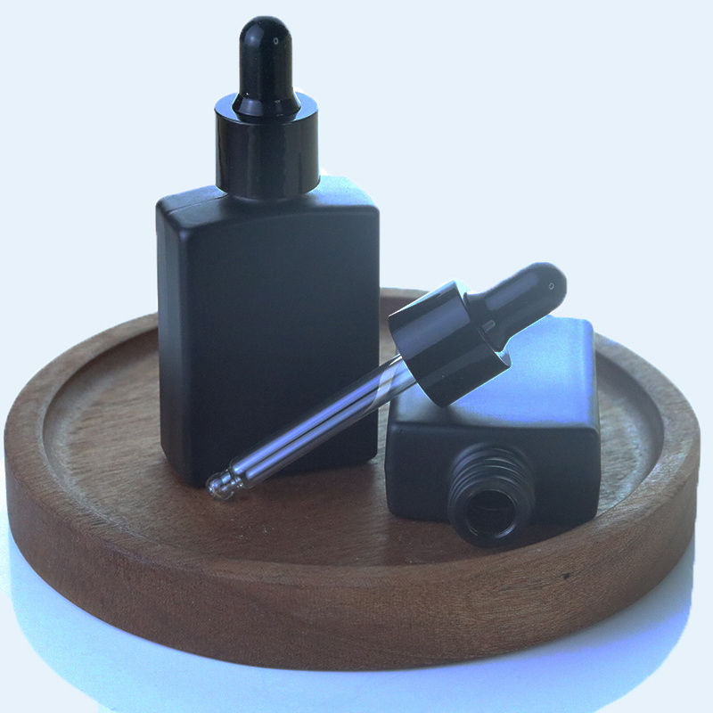 Unique Design Empty 30ml 1oz 50ml 100ml French Square Matt Black Glass Essential Oil Dropper Bottle With Serum Pipette (GSA28)