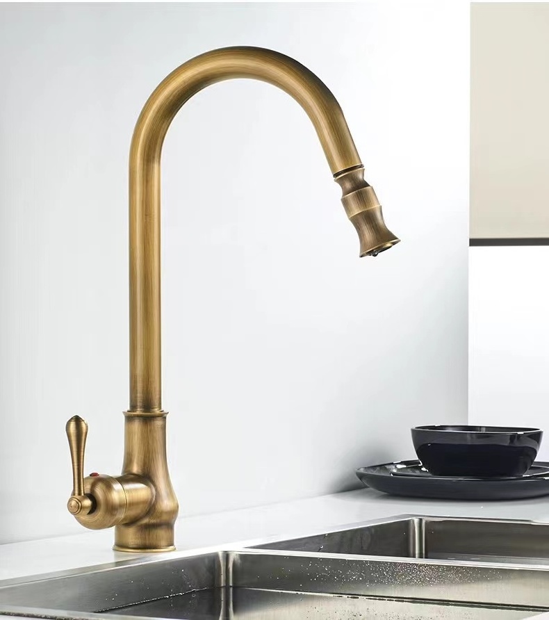 Modern Single Handle Flexible Pull Down Sprayer Copper Antique Brass Kitchen Sink Faucet