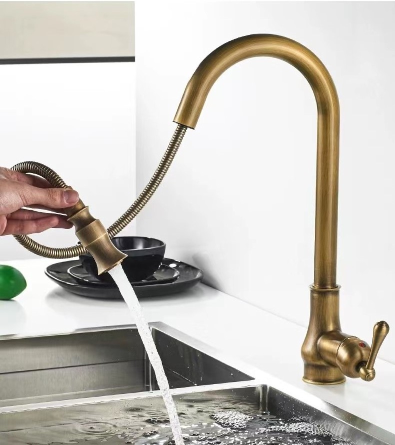 Modern Single Handle Flexible Pull Down Sprayer Copper Antique Brass Kitchen Sink Faucet