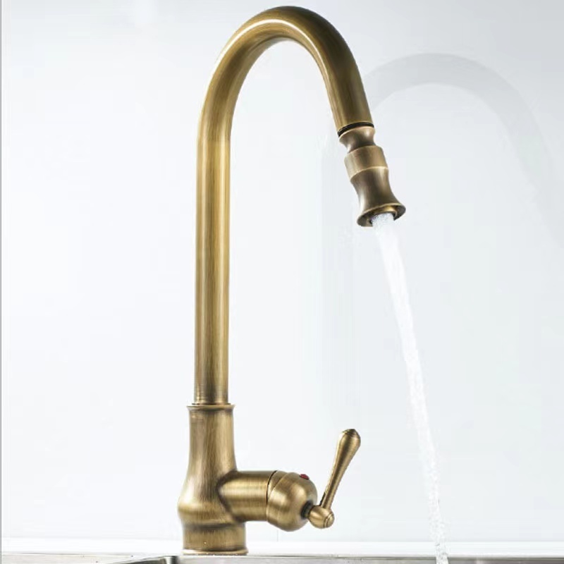 Modern Single Handle Flexible Pull Down Sprayer Copper Antique Brass Kitchen Sink Faucet