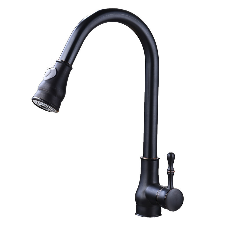 Deck mounted brass Antique European sink mixer pull down sprayer high arc kitchen faucet black