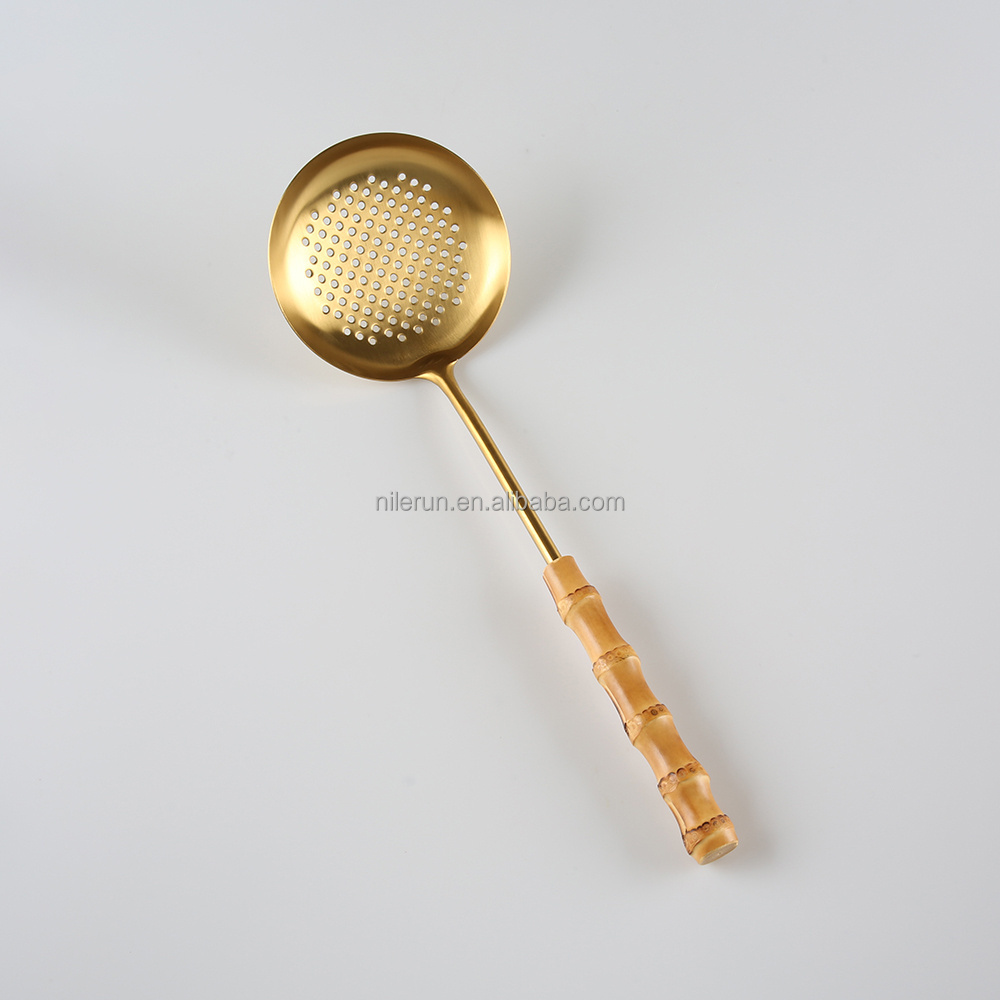 Kitchen Cooking Gold Stainless Steel Bamboo Root Handle Large Draining Frying Ladle Colander Strainer Skimmer Slotted Spoon