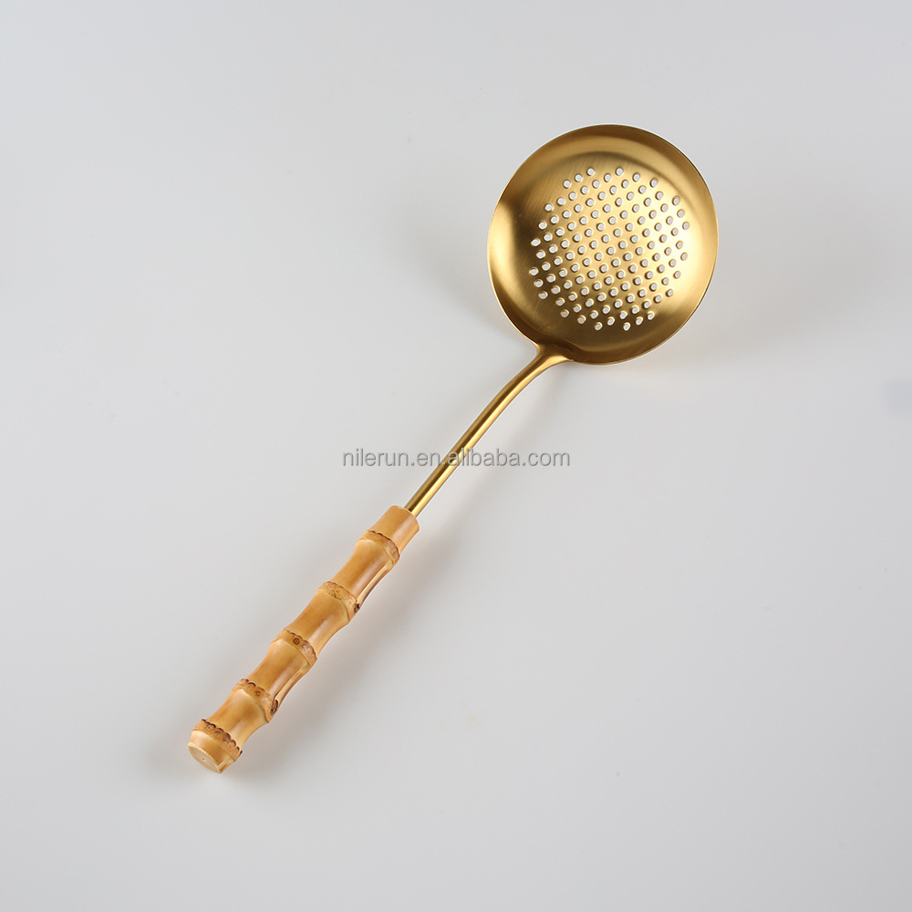 Kitchen Cooking Gold Stainless Steel Bamboo Root Handle Large Draining Frying Ladle Colander Strainer Skimmer Slotted Spoon