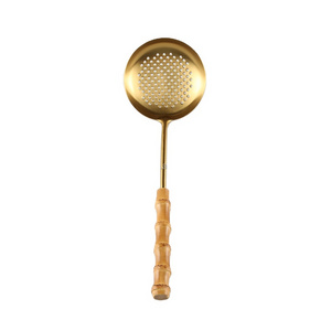 Kitchen Cooking Gold Stainless Steel Bamboo Root Handle Large Draining Frying Ladle Colander Strainer Skimmer Slotted Spoon