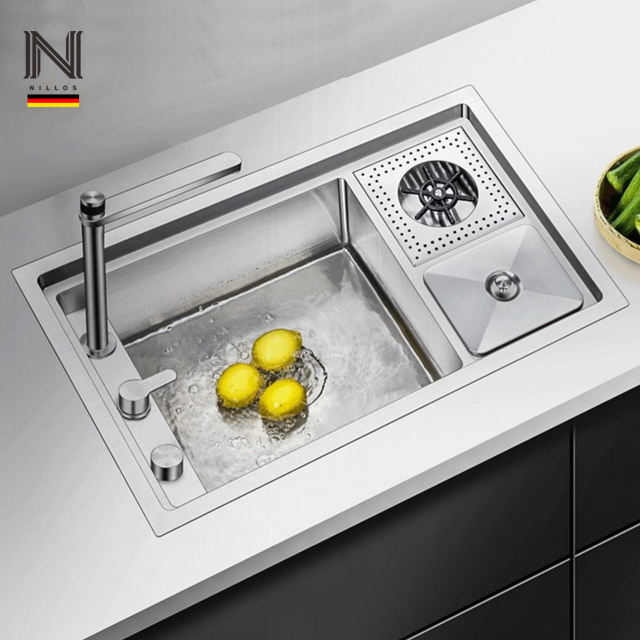 N7344X hidden stainless steel glass rinser brushed lifting faucet kitchen sink with trash can