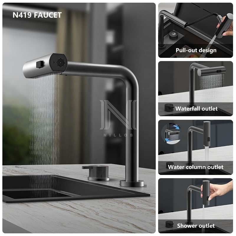 5533 hidden design modern black nano 304 stainless steel single bowl undermount waterfall faucet kitchen sink for bar counter