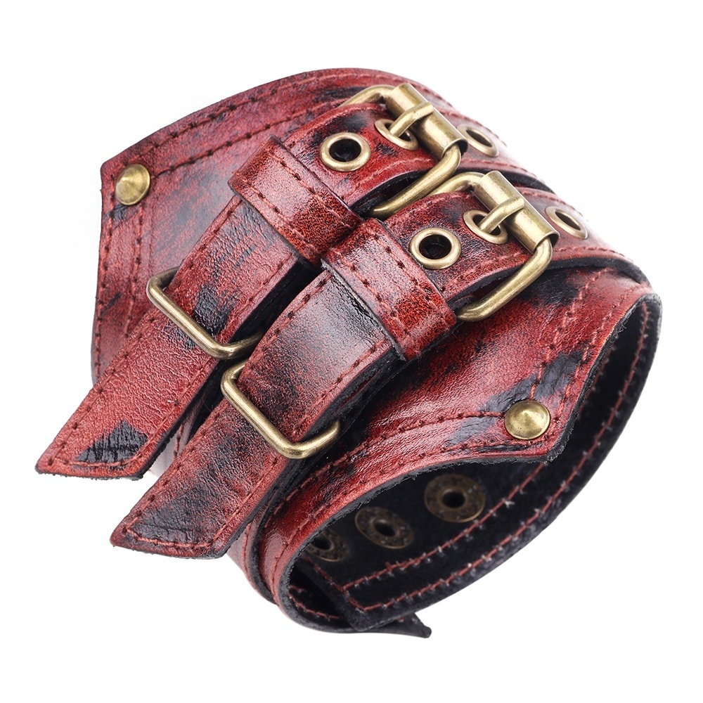 Punk Adjustable Double Buckles Rivets Studded Cuff Bangle Genuine Leather Bracelet Men