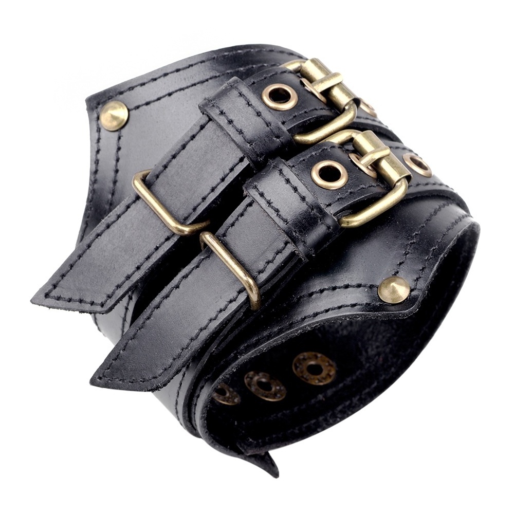 Punk Adjustable Double Buckles Rivets Studded Cuff Bangle Genuine Leather Bracelet Men