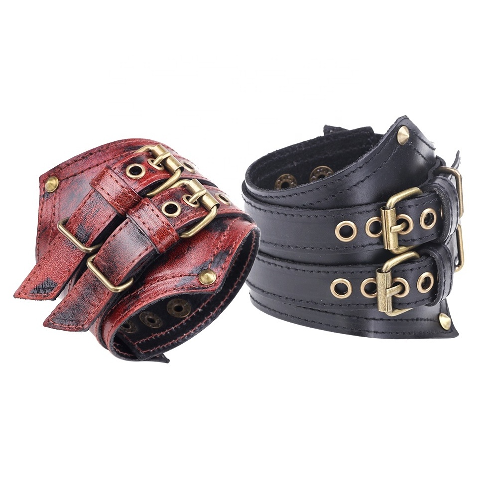 Punk Adjustable Double Buckles Rivets Studded Cuff Bangle Genuine Leather Bracelet Men