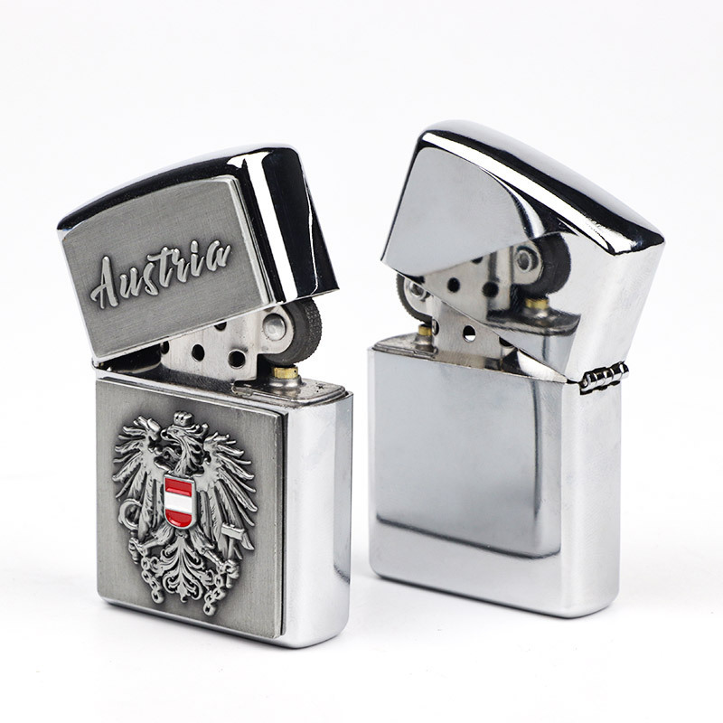 Wholesale Customized Logo Souvenir Windproof Silver Metal Smoking Cigarette Kerosene Lighter