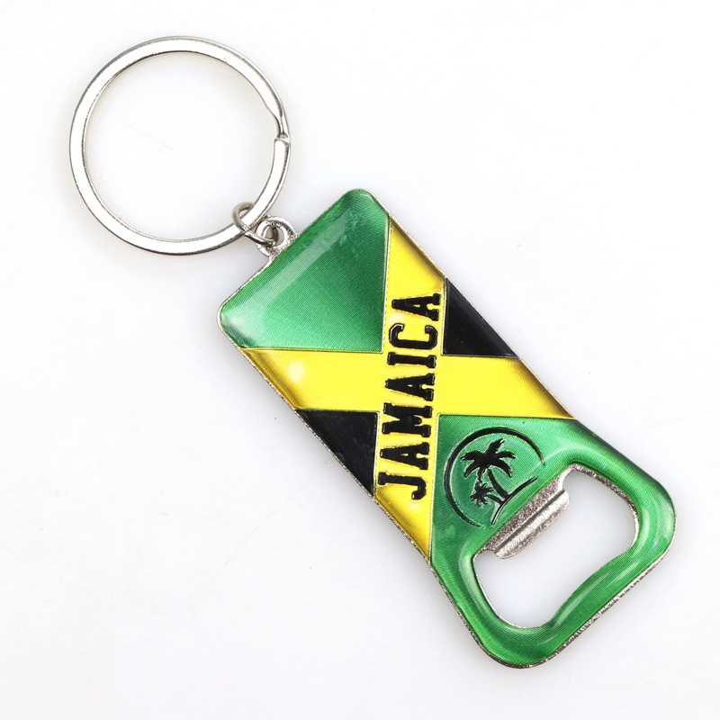 Custom luxury Jamaica souvenir metal printed paper epoxy  beer bottle opener keychain