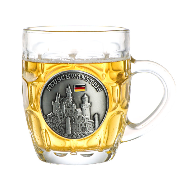 Wholesale Customized Metal Logo 7oz Sublimation Souvenir Glass Beer Stein Mug with Handle