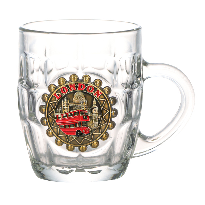 Wholesale Customized Metal Logo 7oz Sublimation Souvenir Glass Beer Stein Mug with Handle