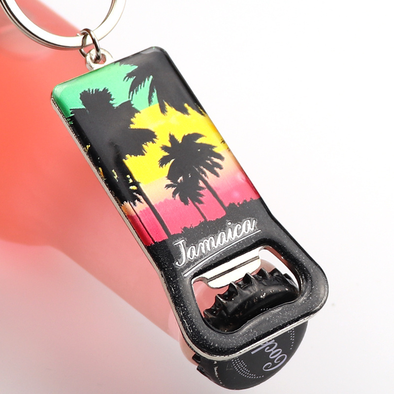 Custom luxury Jamaica souvenir metal printed paper epoxy  beer bottle opener keychain