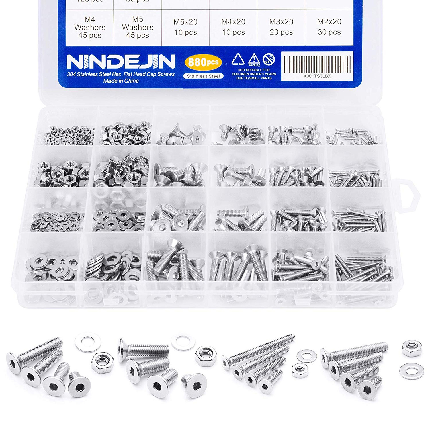 880PCS Stainless Steel 304 M2 M3 M4 M5 Hex Hexagon Socket Screw Set Countersunk Flat Head Screw Kit Allen Bolts and Nuts